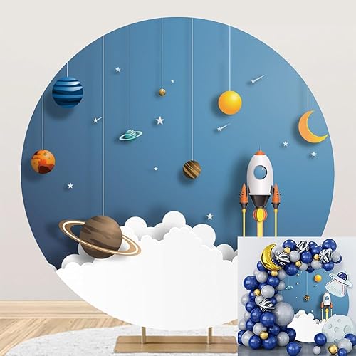 Miniatura 7 de Leyiyi Cubierta de fondo redonda de dibujos animados de 7.5 x 7.5 pies, temática espacial, fiesta de cumpleaños, fondo de fotografía, universo,