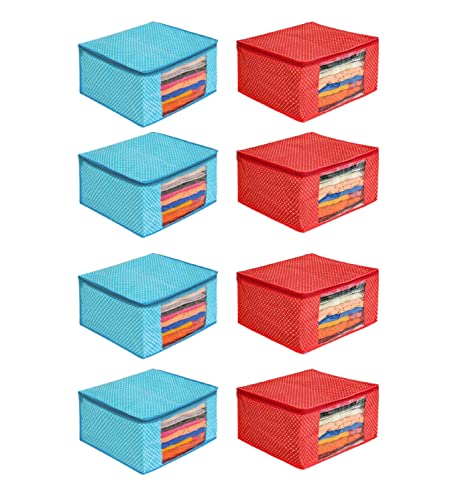 Image of Saree Cover Cotton Bag|Organizer Bag Clothe|Cotton Saree Cover Closet Orgnizer /Saree Bags for Wardrobe Orgnizer Clothe Covers|Foldable Organizer|Dress Organizer (Pack of 8, SkyBlue + Red)