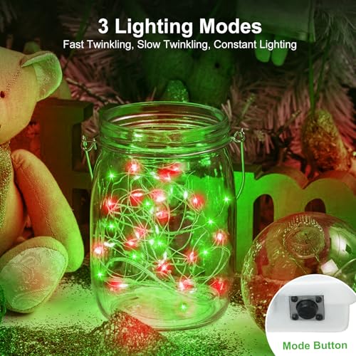 Image of btfarm 12 Pack Fairy Lights Battery Operated [3 Modes], 7ft 20 Led Twinkle Lights String Lights Waterproof Bulk Small Mini Silver Wire for Christmas Mason Jars Wedding Table Centerpiece, Red Green
