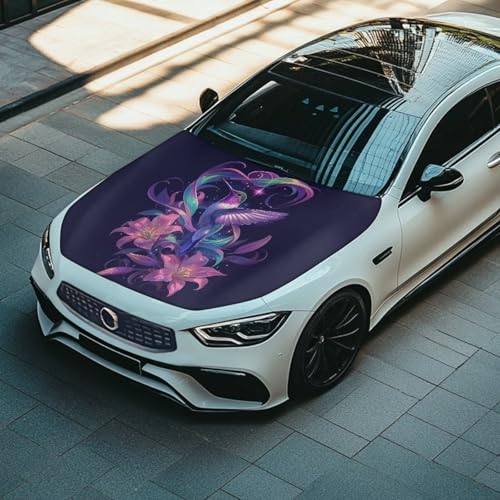 Image of Car Hood Cover Protector,Easy Installation Comfortable Print Hood Covers for Cars,Universal Accessories for Decoration Hummingbird Pink Flower Design