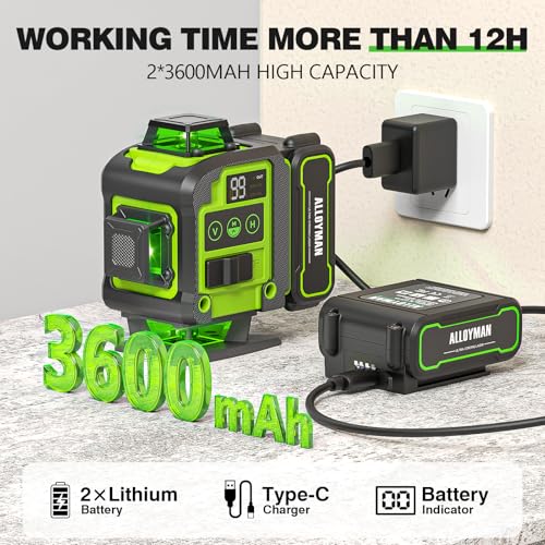 Image of Laser Level with Tripod, Alloyman 4x360 Self Leveling Laser Level, Green Line Laser 4D Laser Leveler Tool with 2Pcs Lithium Batteries for Picture Hanging, Tile, Home Renovation, Indoor(Green)