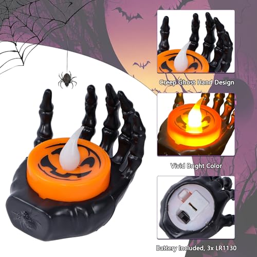 Image of YBB 12Pcs Halloween Skeleton Hands Candle Tea Lights, Novelty LED Flameless Skull Ghost Hand Lamps for Halloween Party Table Home Spooky Decor