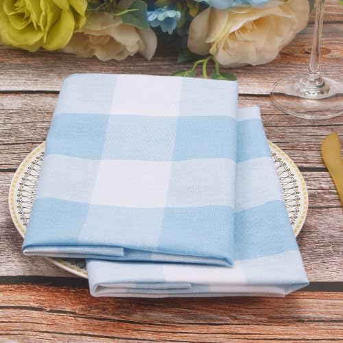 Image of Cotton Cloth Napkins Set of 12 Blend Buffalo Plaid Table Napkins, 18 x 18 Inch Washable Dinner Napkins, Buffalo Checks Cloth Napkins for Restaurant, Wedding, Holiday, Farmhouse，Light Blue and White