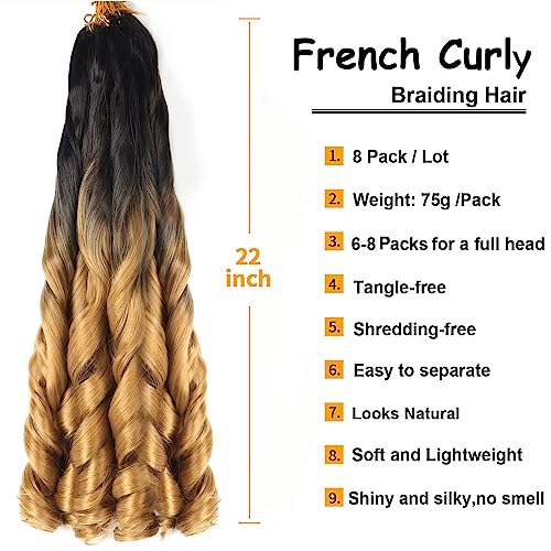 French Curly Braiding Hair 22 Inch 8Pack/lot Loose Wavy Spiral Curl Braids Crochet Hair Deep Wave Synthetic Extensions Pre Stretched Bouncy Braiding Hair(1B/27) - Image 2