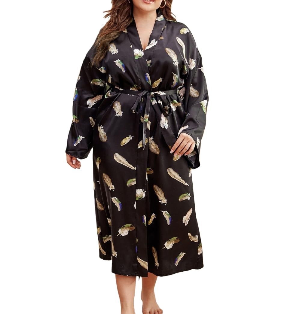 Genérico Bata de Satén de Lujo para Mujer,Bata Grande con Estampado de Plumas y Cuello en V,Albornoces Cárdigan Suave y Cómodo para Bodas y Fiestas de Compromiso.