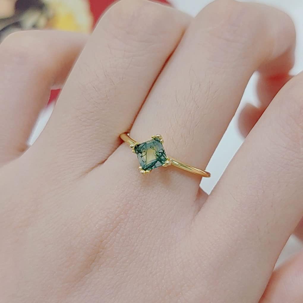 Michooyel 1ct Moss Agate Ring 18K Gold Plated Sterling Silver Solitaire Ring Gemstone Promise Ring for Women
