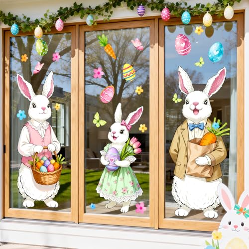 JarThenaAMCS Easter Window Cling Extra Large Easter Bunny Decals Rabbit Egg Carrots Double-Sided Reusable Window Stickers for Spring Holiday Farmhouse Classroom Office Home Party Supplies, 2 Sheets