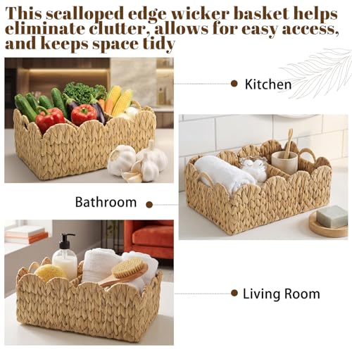 Acellegic Scalloped Edge Wicker Basket Divided Storage Hand Woven Rattan Basket Tray for Bathroom Bedroom Kitchen Shelves Office Decor Organization(3 Compartments,Natural,Water Hyacinth) - Image 5