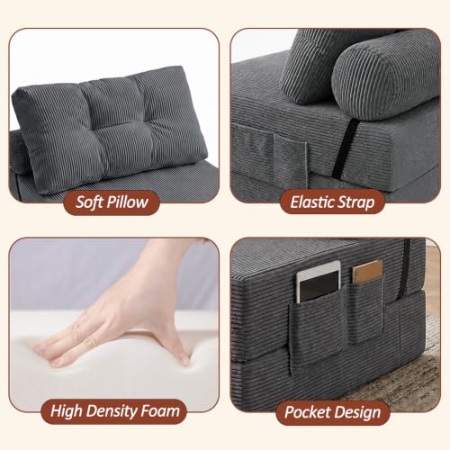 Image of Floor Sofa Bed, Convertible 2-in-1 Corduroy Couch with High-Density Sponge, Foldable Stackable Seat for Living Room Bedroom Dorm Game Room, No Assembly Required (Gray)