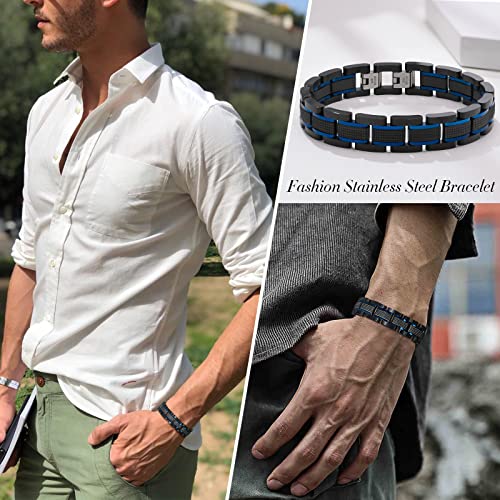 VNOX Custom Personalized Elegant Stainless Steel Two-Tone Blue&Black Link Bracelet for Men Husband Dad Son Gift,8.2"/8.6"2