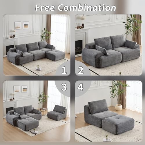 Image of L Shape Sofa Rearrangeable, Oversized Cloud Couch Sectional Modular Sofas with Detachable Ottoman, 4 Pillows and Deep Seat, Corduroy Boneless Couches Sets for Living Room, No Assembly Required, Grey