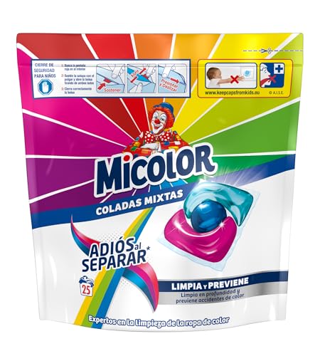 Micolor Detergente en Cápsulas Adiós al Separar (25 lavados), jabón para ropa de color en formato sostenible con poder quitamanchas que protege los colores