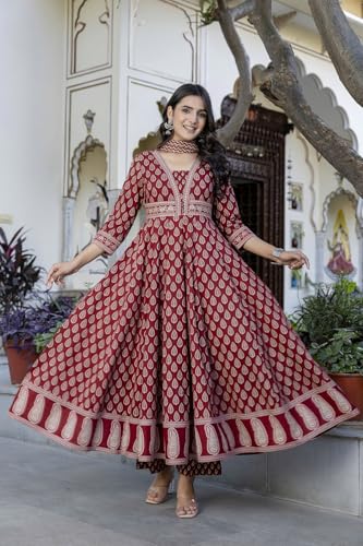 Image of GULMOHAR JAIPUR Women's Cotton Calf Length Printed Flared Kurta Palazzo and Dupatta Set