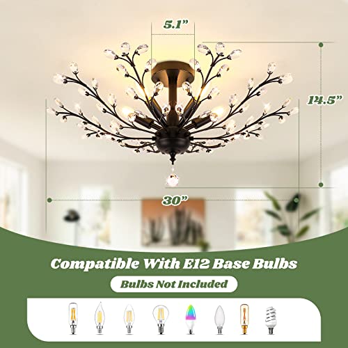 5-Light Crystal Chandelier, 30” Modern Semi Flush Mount Ceiling Light Fixture for Dining Room, Vintage Chandelier, Black Ceiling Lighting with Edison E12 Base for Living Room Kitchen Hallway Foyer - Thumbnail 3