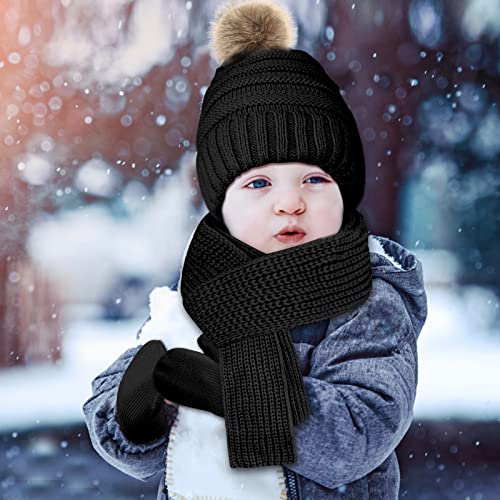 Image of Hicdaw Kids Winter Hats Gloves Scarf Set Baby Mittens Gloves with Pompom Baby Winter Hat Toddler Beanie Hat for Boy Girl