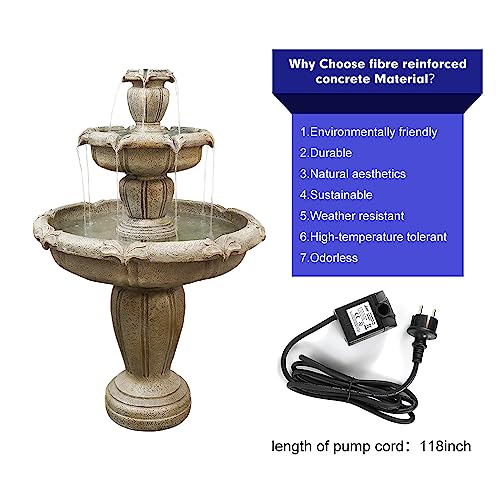 Image of SunJet 48 inch High Modern Concrete Outdoor Water Fountain - 3 Tiered Large Floor Water Fountain and Waterfalls with Electric Pump for Garden, Patio, Yard, and Deck Decor, Featuring Natural Stone Look