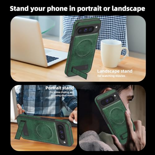 Image of Lunivop for Google Pixel 9 Pro XL Case Leather [Compatible with Magsafe Wireless Charging] Magnetic Cover Stand Funda para Google Pixel 9 Pro XL 6.8 '' 5G 2025 Rugged Best Phone Cases Green