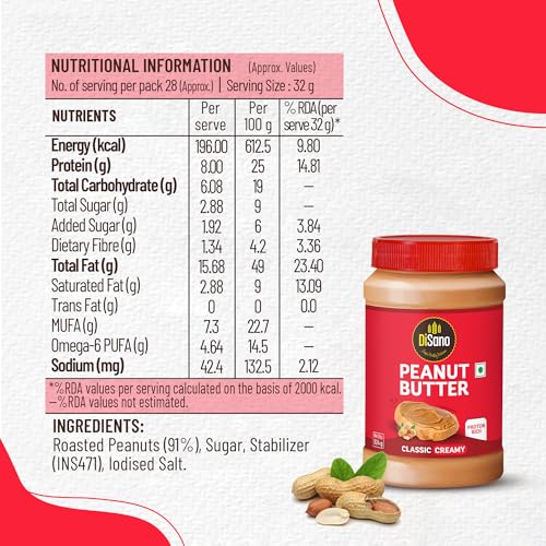 Image of DiSano Classic Peanut Butter Creamy, 924g, 25g Protein, Roasted Peanuts, Zero Cholesterol & Trans Fat, Gluten Free, Ideal for Pre & Post-Workout, Healthy Spread for Breakfast & Snacking (Pack of 3)
