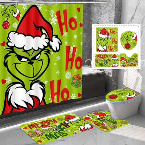 4 Pcs Christmas Bathroom Set Christmas Shower Curtain Sets Ho Ho Ho Shower Curtain Non-Slip Rugs Toilet Lid Cover and Bath Mat Set 72 X 72 Inches with Hooks Christmas Holiday Bathroom Decor (styleC)