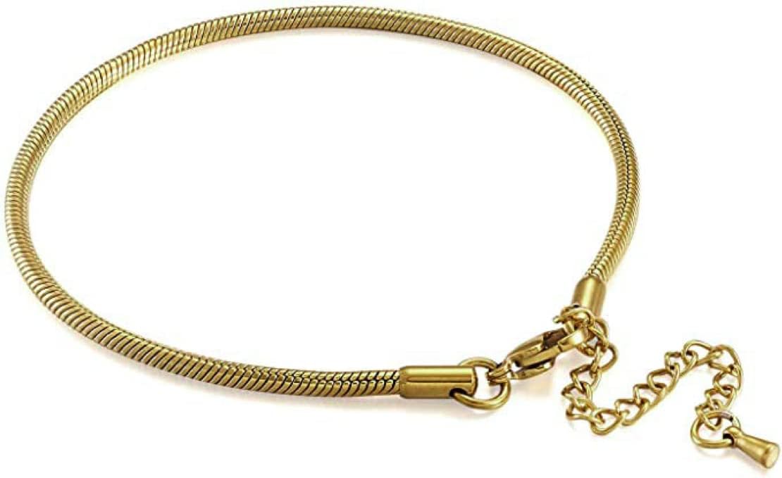 Adjustable European Charm Bracelets 3mm Steel Snake Chain Fits Pandora Beads Pendants & More (Gold Lobster Clasp Bracelet)