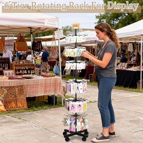 Image of Retail Display Stand Store Display Rack 6 Tier Metal Spinning Display Stand Rack with Wheels Keychain Jewelry Stocking Hat Stand with Hooks for Malls, Showroom, Retail Store (6 Tier Black)