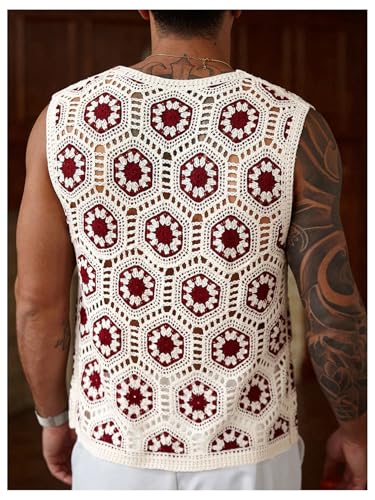 Verdusa Men's Floral Crochet Button Up Sweater Vest Boho Lightweight Sleeveless Knit Tops2