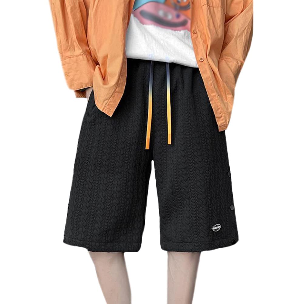 Moda męska szorty do kolan żakardowe gładkie kolory spodenki do biegania wygodne na co dzień luźne modne spodenki do biegania męskie bermudy letnie szorty, Czarny, 3XL