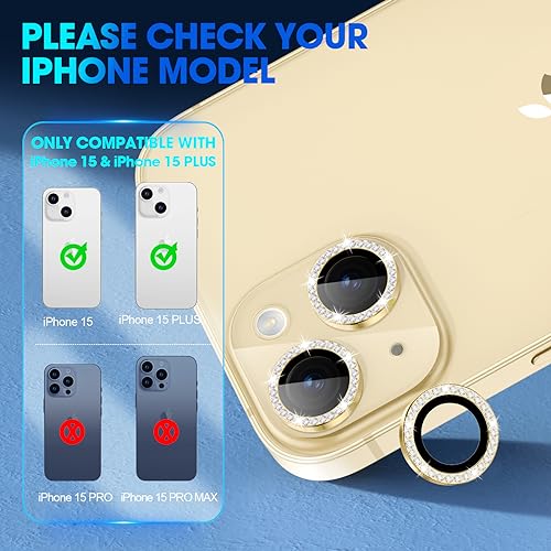 Image of Glass Camera Lens Protector Compatible For Iphone 15 /15 Plus Bling,Individual Metal Diamond Ring 9H Hardness Scratchproof Protector,Stylish Accessories,Case Friendly(Yellow Diamond)