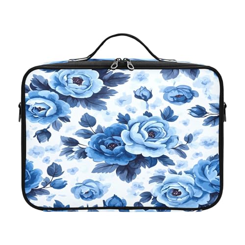 zyrtty Travel Makeup Train Case Blue Flower Patternrose Cosmetic Organizer Portable Storage Bag with Adjustable Dividers for Cosmetics Brushes Toiletry Jewelry Digital Accessories