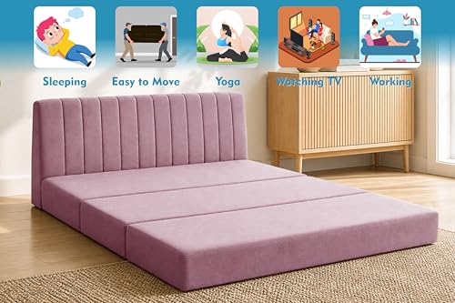 Image of 3-Seater Foldable Floor Sofa Bed with, Modern Velvet Fabric Folding Couch for Living Room, Guest Room & Small Spaces-Rose Pink
