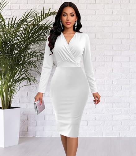 Image of Funeral Church Dresses for Women Formal Long Sleeve Wrap Business Work Dress Vintage Ruched Midi Pencil Dress