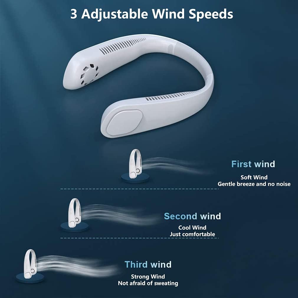 Portable Bladeless Neckband Fan, 9000 mAh USB Rechargeable Neck Fan, Mini Silent Hanging Cooling Fan Hands Free, 3 Wind Speed, Personal Air Conditioner for Outdoor Sport Travel Blue