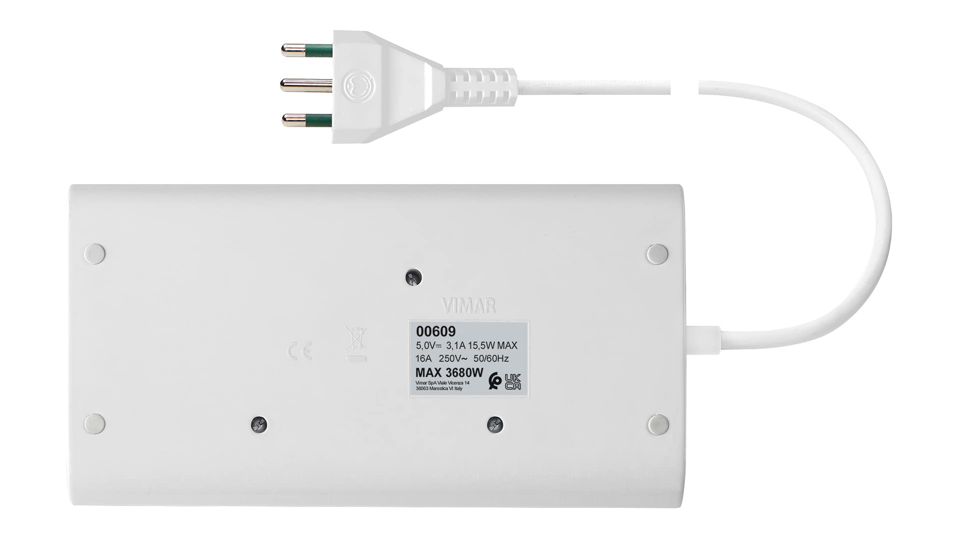 Vimar 00609.CC.B - Enchufe múltiple de Escritorio con Interruptor y Cable de 2 m, 3 Salidas universales Italianas, 2 Salidas USB A y 1 Salida USB C, Carga inductiva 10 W, Enchufe 16 A, Blanco