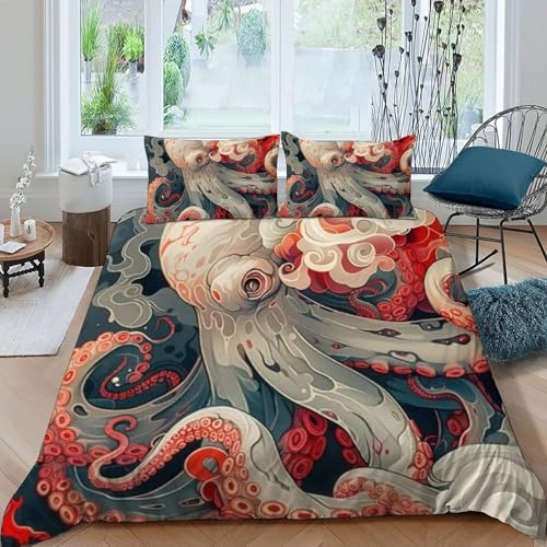 Housse de couette double pieuvre rouge en microfibre 200x200cm avec 2 taies