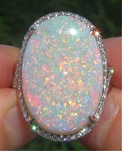 Women's Large 925 Silver Fire Opal Gemstone Ring Oval Cut Micro Mosaic Cubic Zirconia Ring Wedding Engagement Ladies Jewelry Size 6-102