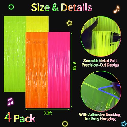 Image of Glow in The Dark Tinsel Curtains 4 Pack - Neon Party Decorations 3.3x6.6ft UV Reactive Fluorescent Macaron Backdrop for Neon, Pride, Birthday Decor, Double Colors & Quantity, Pre-Taped, Waterproof
