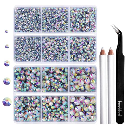 Strass Termoadhesivo para Ropa,Piedras Strass Transparente AB hotfix para Manualidades,5 Tamaños Mixtos,Cristales Termoadhesivos con Kit de Pinza y Lápiz de Cera,SS6-SS30,Cristal Blanco AB
