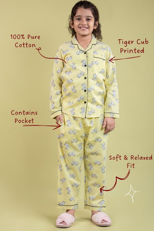 Image of Tweeny Mini Kids Girls Pure Rayon Night Suit | Sleepwear| Night Wear | Nightdress | Top Shirt & Pyjama Combo Set Floral Printed with Pockets Full Sleeves