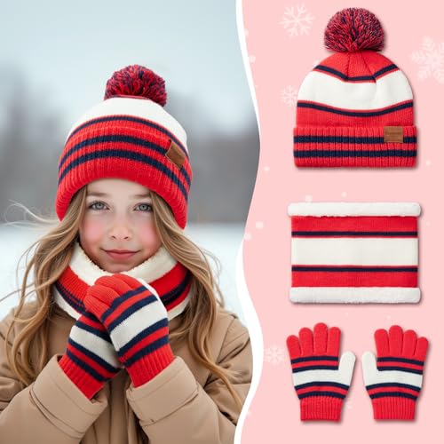 Image of Kids Winter Hat Gloves Scarf Set: Girls Boys Beanie Fleece Lined Ages 6-10