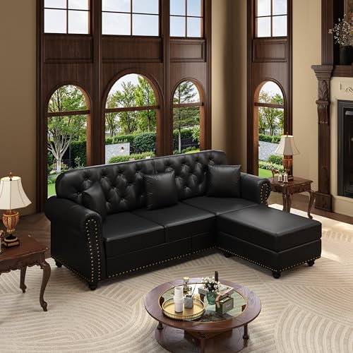 Image of KEIKI 83 inch Faux Leather Chesterfield Sofa with Rolled Arms & Nailhead Trim & 3 Ottoman, 3-Seater Button Tufted Couch with High Resilience Cushion & 3 Pillow, Easy Assembly, for Living Room, Black
