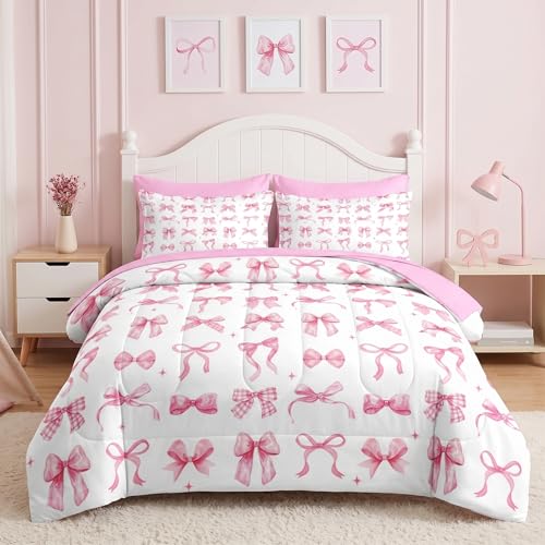 Image of Nesker Bow Comforter Set Twin Size, 5 Pieces Bed in a Bag, Pink Bow Bedding Set for Girls, Ribbon Bowknot Comforter Set with 1 Pillowcase & 1 Sham