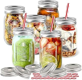 Zvonema Mason Jars with Lids, Wide Mouth Glass Jars with 6 Reusable Straws, Preserving Jars for Drinking, Overnight Oats, Jams, Honey, Send 6 Airtight Lids (6 Pack - 500ml)