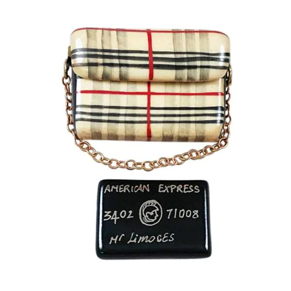 Limoges Burberry Purse with Black American Express Credit Card - Authentic Limoges Boxes - French Po