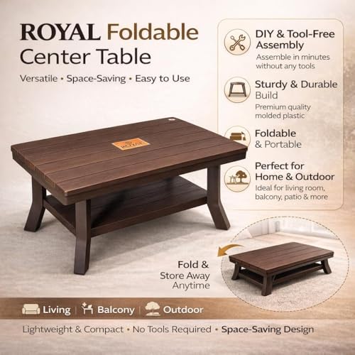 Image of Royal - Foldable Plastic Coffee Table with Storage Shelf | Center Table for Living Room | Tea Table | Furniture for Home & Office | 82.5 x 52.5 x 42.5 CM | Desert Colour (Brown)