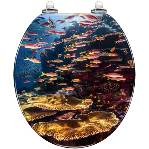 Round Toilet Seat Dynamic Fish Patterns Coral Reefs Resin Toilet Seat Quietly Close Quick Release Hinges Decorative Toilet Seat with Cover Easy to Install