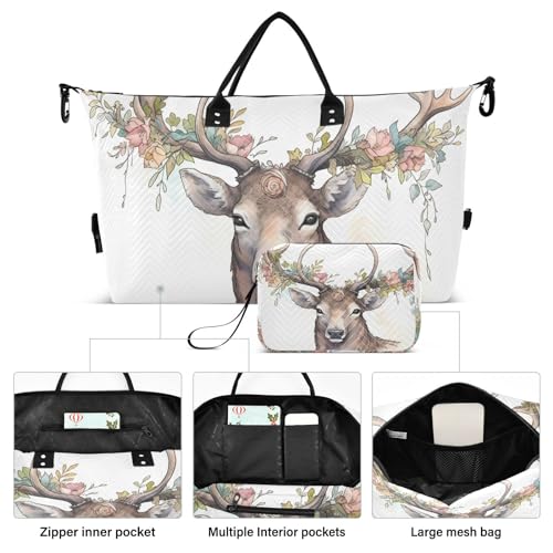 Large Travel Duffel Bag, Elk Watercolor Floral Sport Tote Gym Bag, Shoulder Weekender Overnight Bag for Women Men, Carry On Luggage with Toiletry Bag2