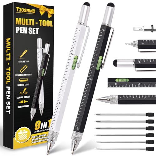 Stocking Stuffers for Men, 9 in 1 Multitool Pen 2Pcs and Refill 6Pcs, Unique Tech Tool Pen from Wife Daughter to Father Boyfriend Husband on Christmas, Birthday, Valentine's Day