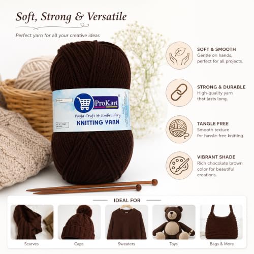 Image of ProKart Premium Woolen 4 ply Hand Knitting Wool Yarn | Fine Weight Knitted and Crocheted Soft Yarn for Sweater, Baby Clothes, & DIY Craft Accessories Projects (Chocolate Brown, 100gms x 1 Pack)