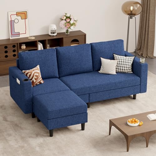 78" L-Shaped Sectional Sofa, Washable Linen, Blue