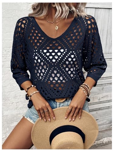 Image of Verdusa Women's Crochet Beach Summer Sweater 3 /4 Length Sleeve Boho Off The Shoulder Tops